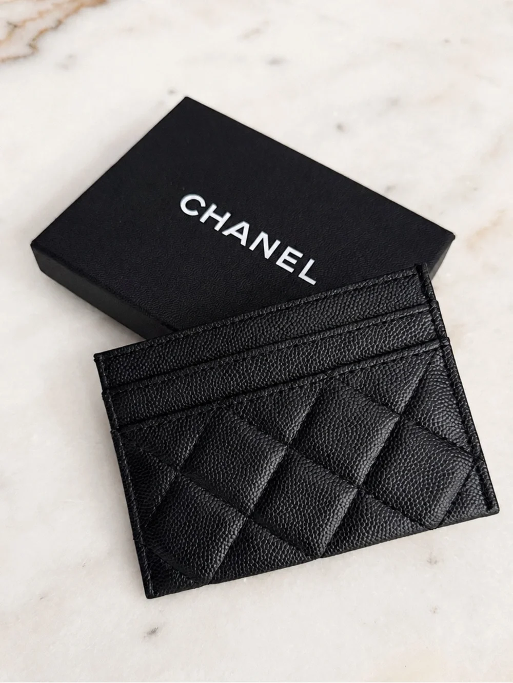 Black Quilted Caviar Leather Card Holder with Gold CC Hardware